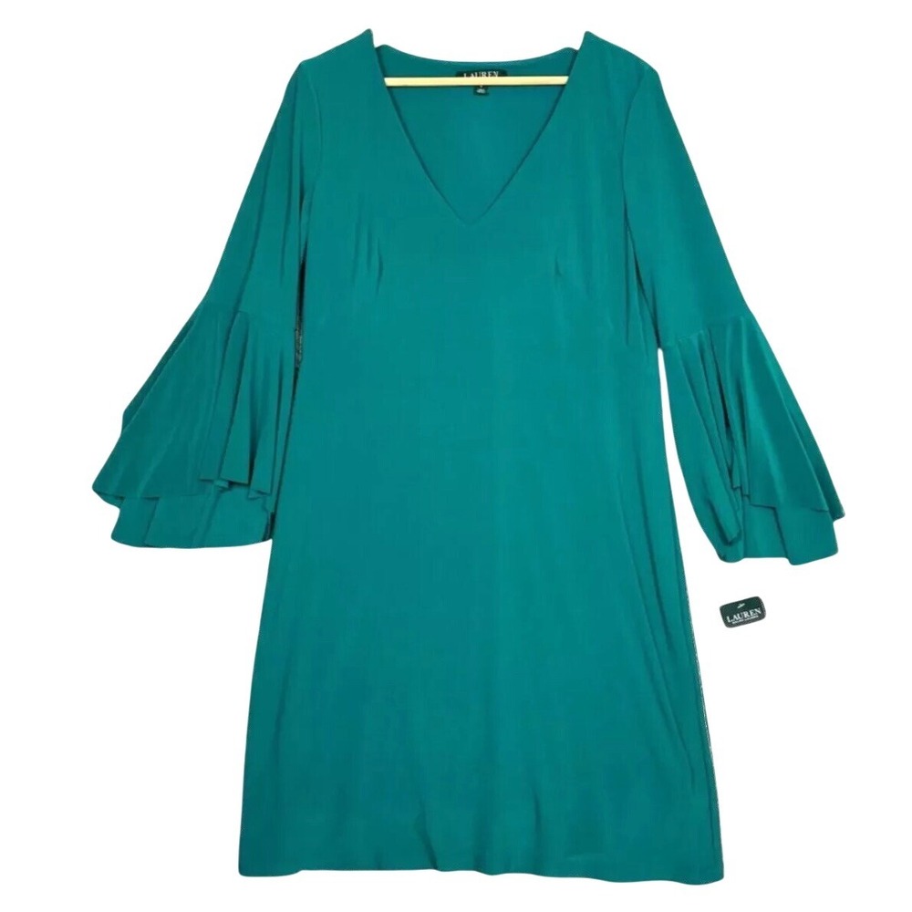 Lauren Ralph Lauren Shift Dress V-Neck 3/4 Bell Sleeve Emerald Green Size 8 NWT